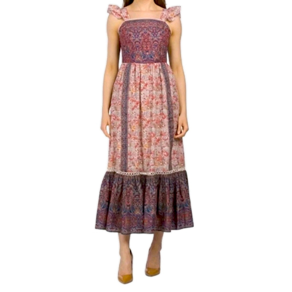 Haute Hippie Boho Cotton Paisley Ruffle Flutter Sleeve Maxi Dress Tie Back Sz 14